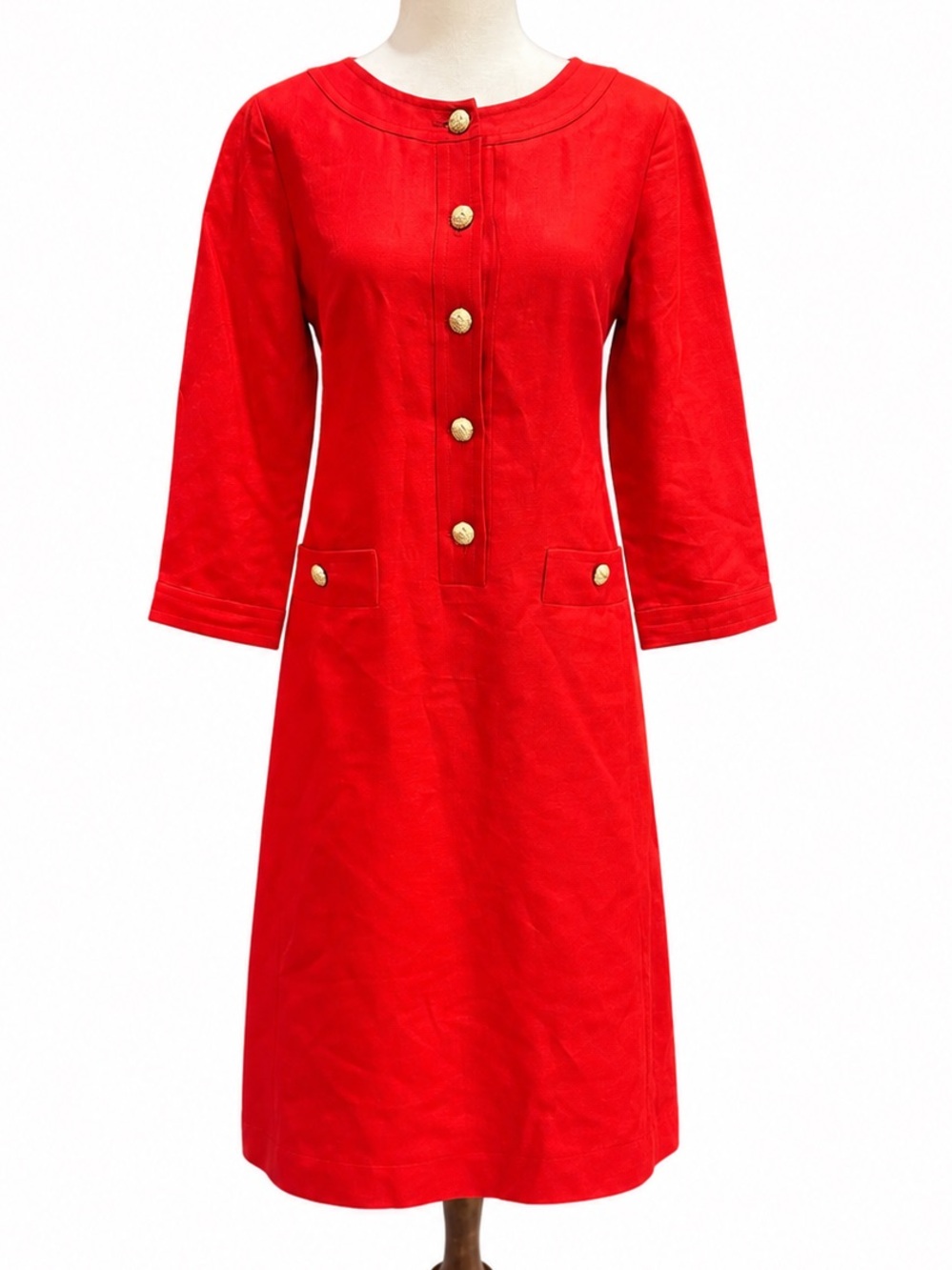 Talbots Linen Blend Classic Red with Gold Button-Front Women's Dress 2